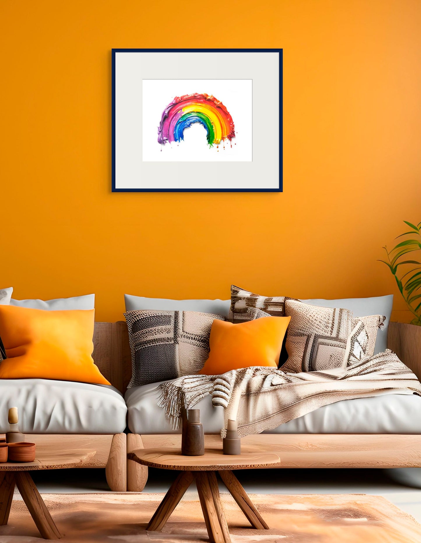 Living room with a colorful rainbow painting on an orange wall, a sofa with patterned cushions, and a wooden coffee table.