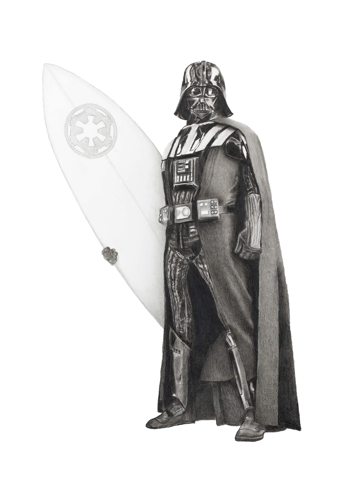 Darth Vader figure holding a surfboard with a white background. Pencil drawing by Simon Knight 