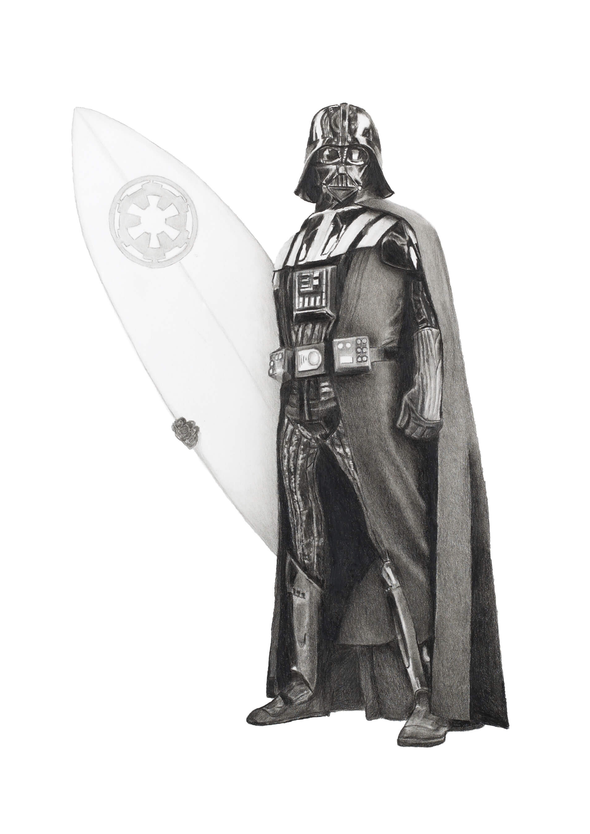Darth Vader figure holding a surfboard with a white background. Pencil drawing by Simon Knight 
