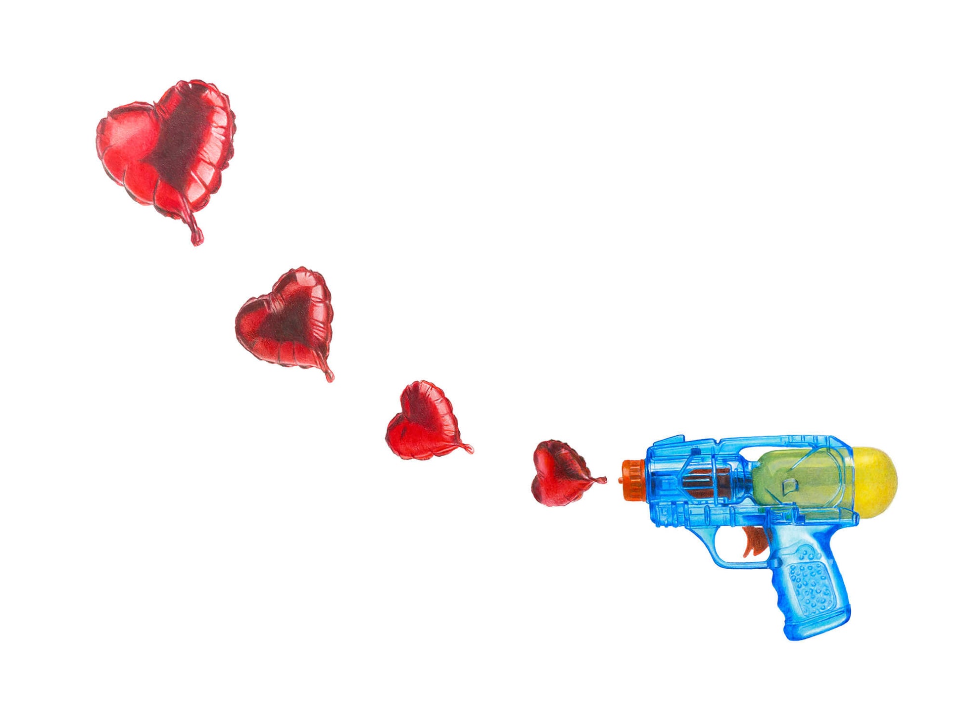 Blue toy gun with yellow darts and red heart-shaped balloons on a white background, colour pencil drawing
