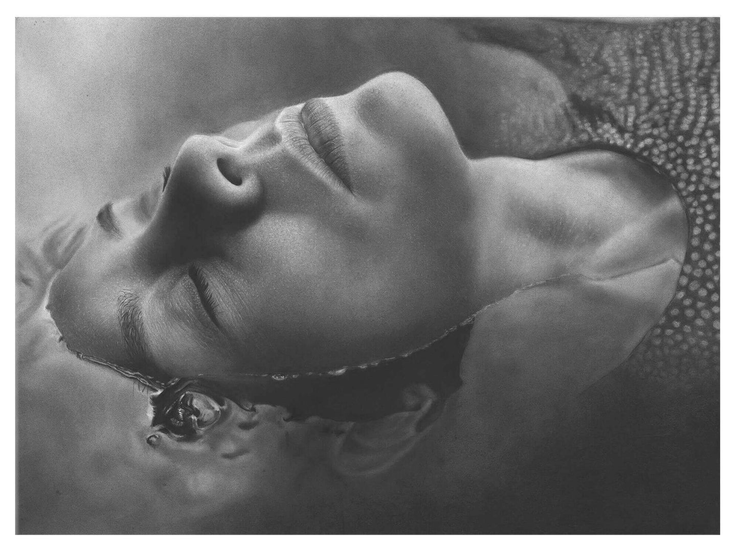 Black and white charcoal drawing close-up of a person's face with water droplets on the skin.