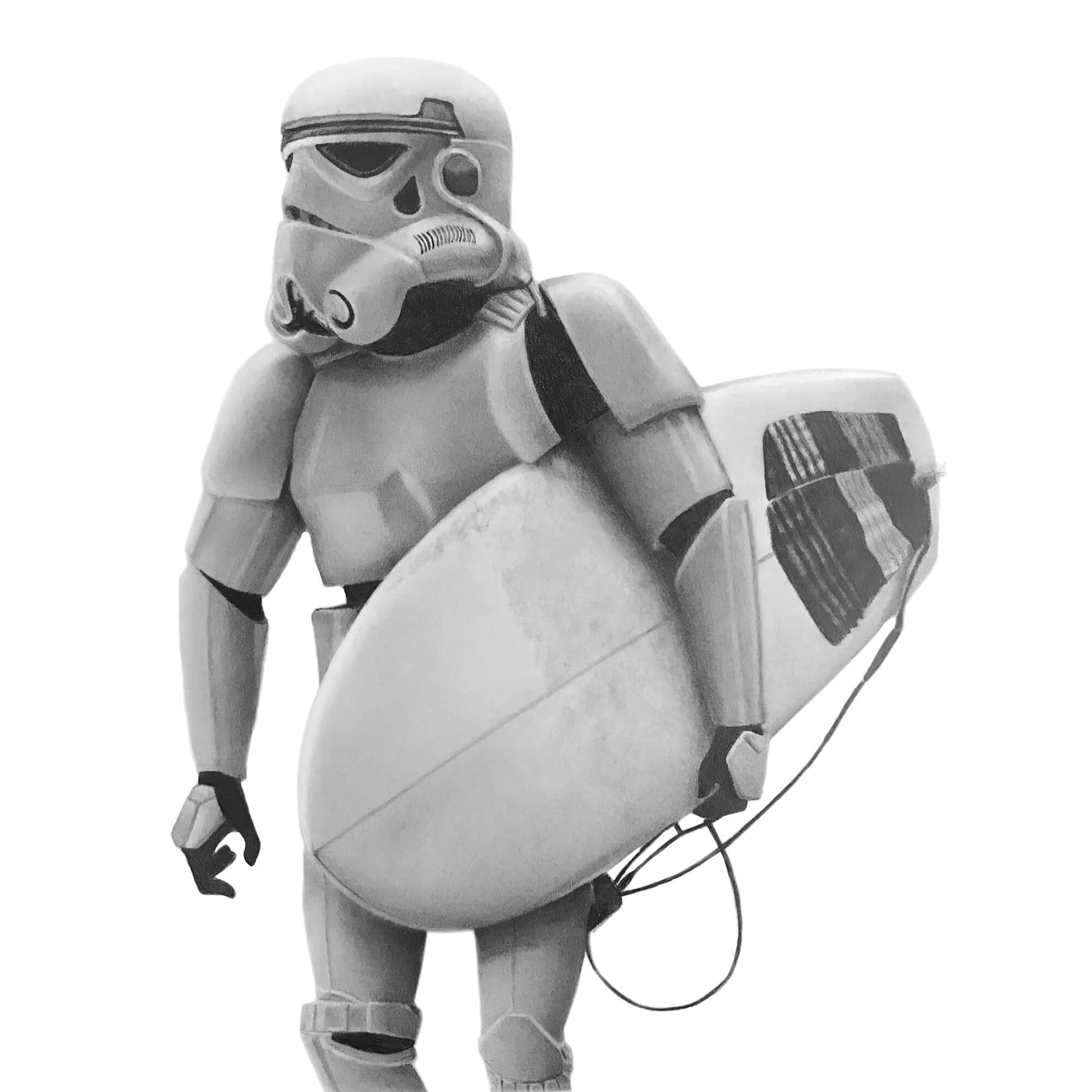 Stormtrooper surfer from Star Wars with a white background, pencil drawing by Simon Knight 